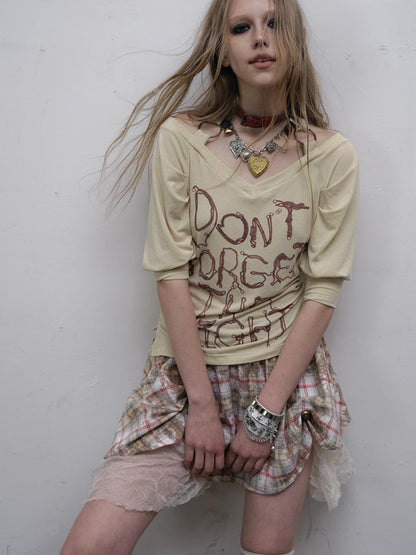 NO ROMANCE Vintage Punk Off-Shoulder Puff Sleeve Stretch Knit T-Shirt