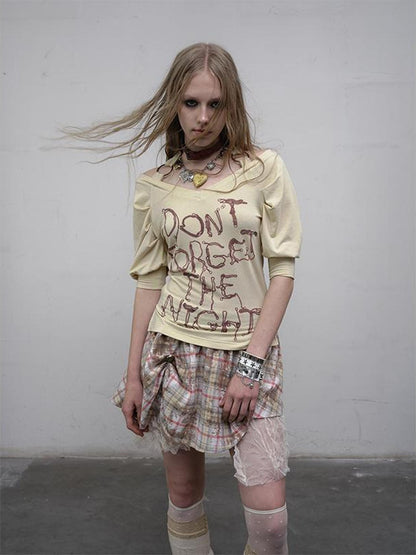 NO ROMANCE Vintage Punk Off-Shoulder Puff Sleeve Stretch Knit T-Shirt