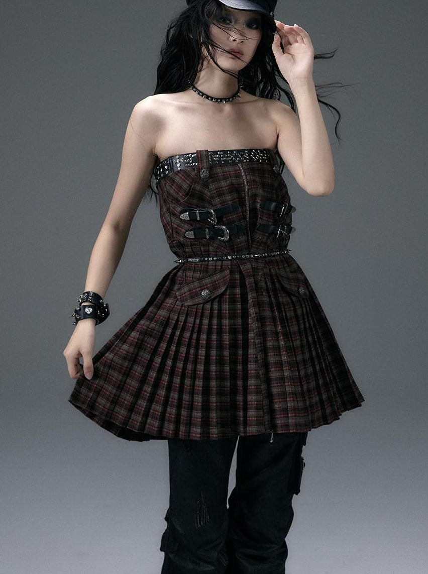 NO ROMANCE Vintage Punk Plaid A-Line Pleated Mini Skirt Dress