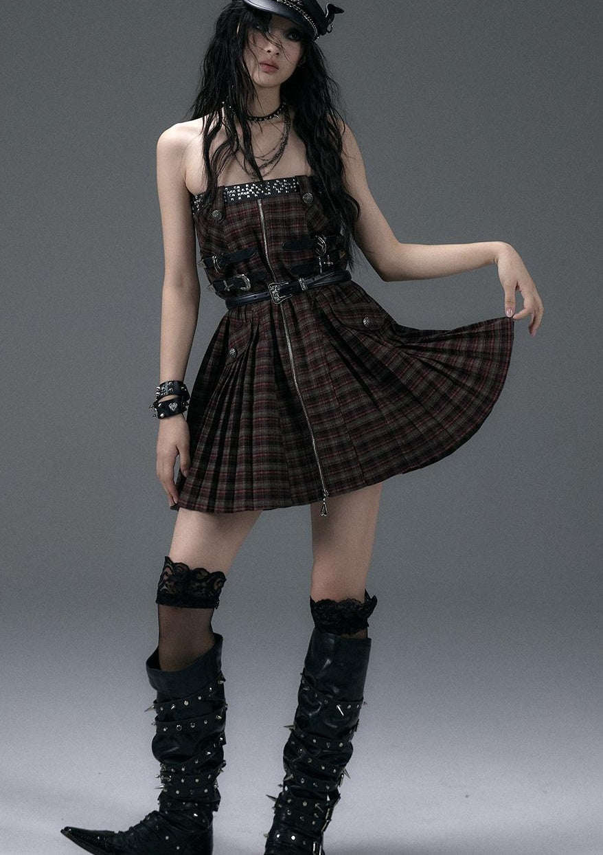 NO ROMANCE Vintage Punk Plaid A-Line Pleated Mini Skirt Dress