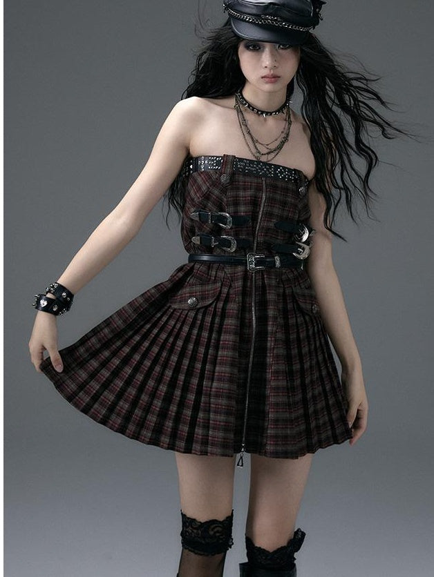NO ROMANCE Vintage Punk Plaid A-Line Pleated Mini Skirt Dress
