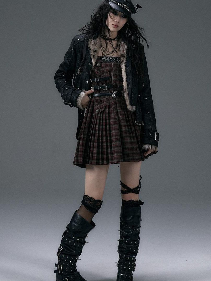 NO ROMANCE Vintage Punk Plaid A-Line Pleated Mini Skirt Dress