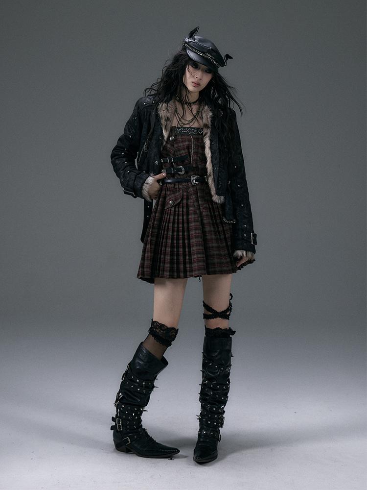 NO ROMANCE Vintage Punk Plaid A-Line Pleated Mini Skirt Dress