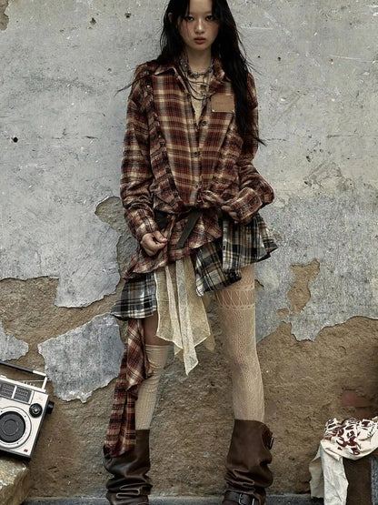 Vintage Punk Plaid Asymmetrical Skirt Women Street Style