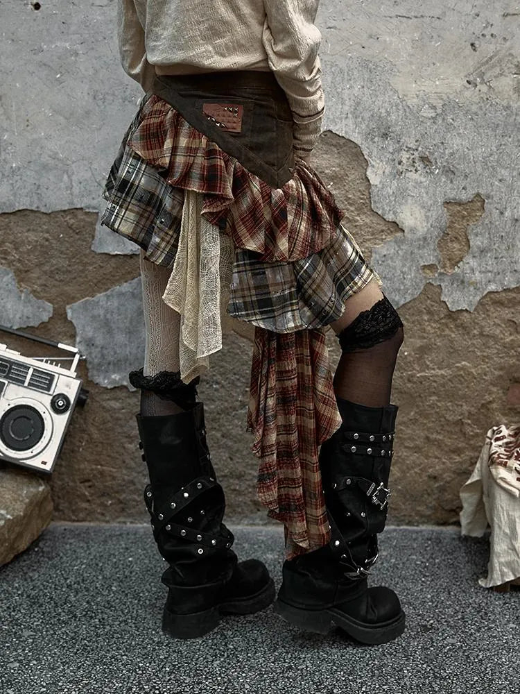 Vintage Punk Plaid Asymmetrical Skirt Women Street Style