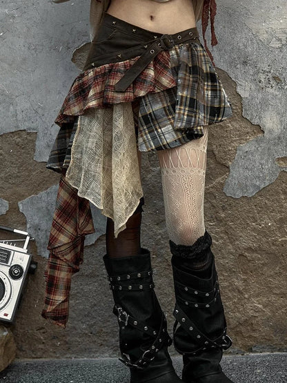 Vintage Punk Plaid Asymmetrical Skirt Women Street Style