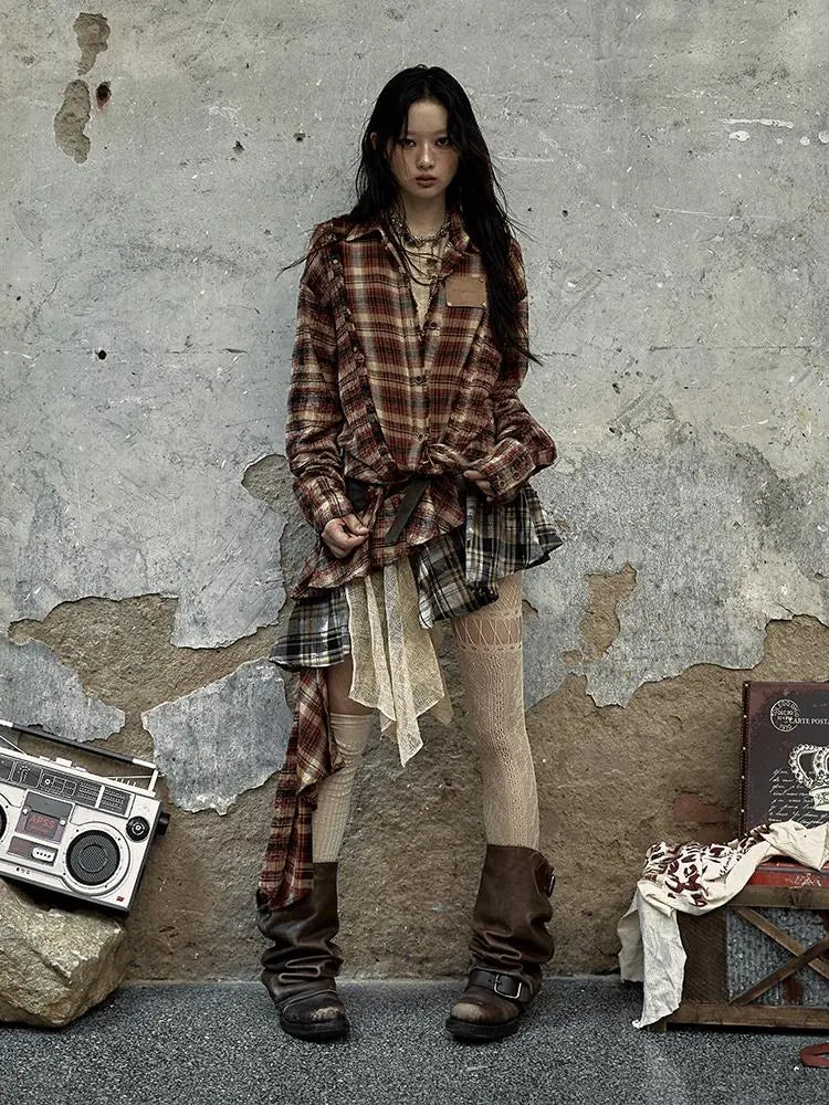 Vintage Punk Plaid Asymmetrical Skirt Women Street Style