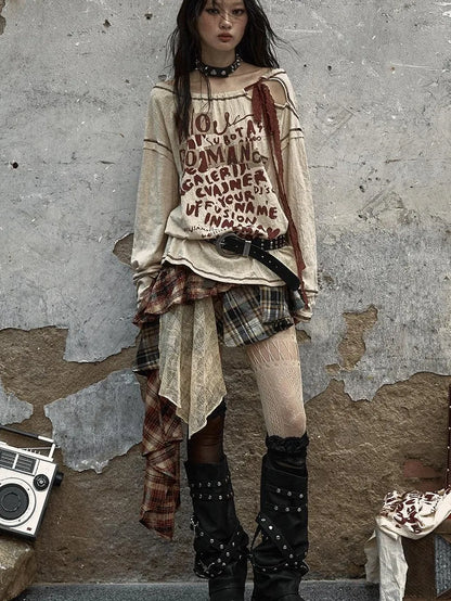 Vintage Punk Plaid Asymmetrical Skirt Women Street Style