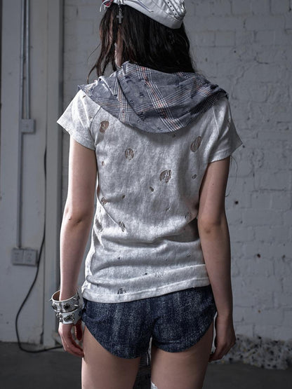 NO ROMANCE Vintage Punk Plaid Patchwork Neckline Distressed T-Shirt