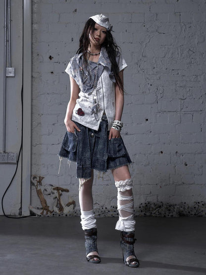 NO ROMANCE Vintage Punk Plaid Patchwork Neckline Distressed T-Shirt
