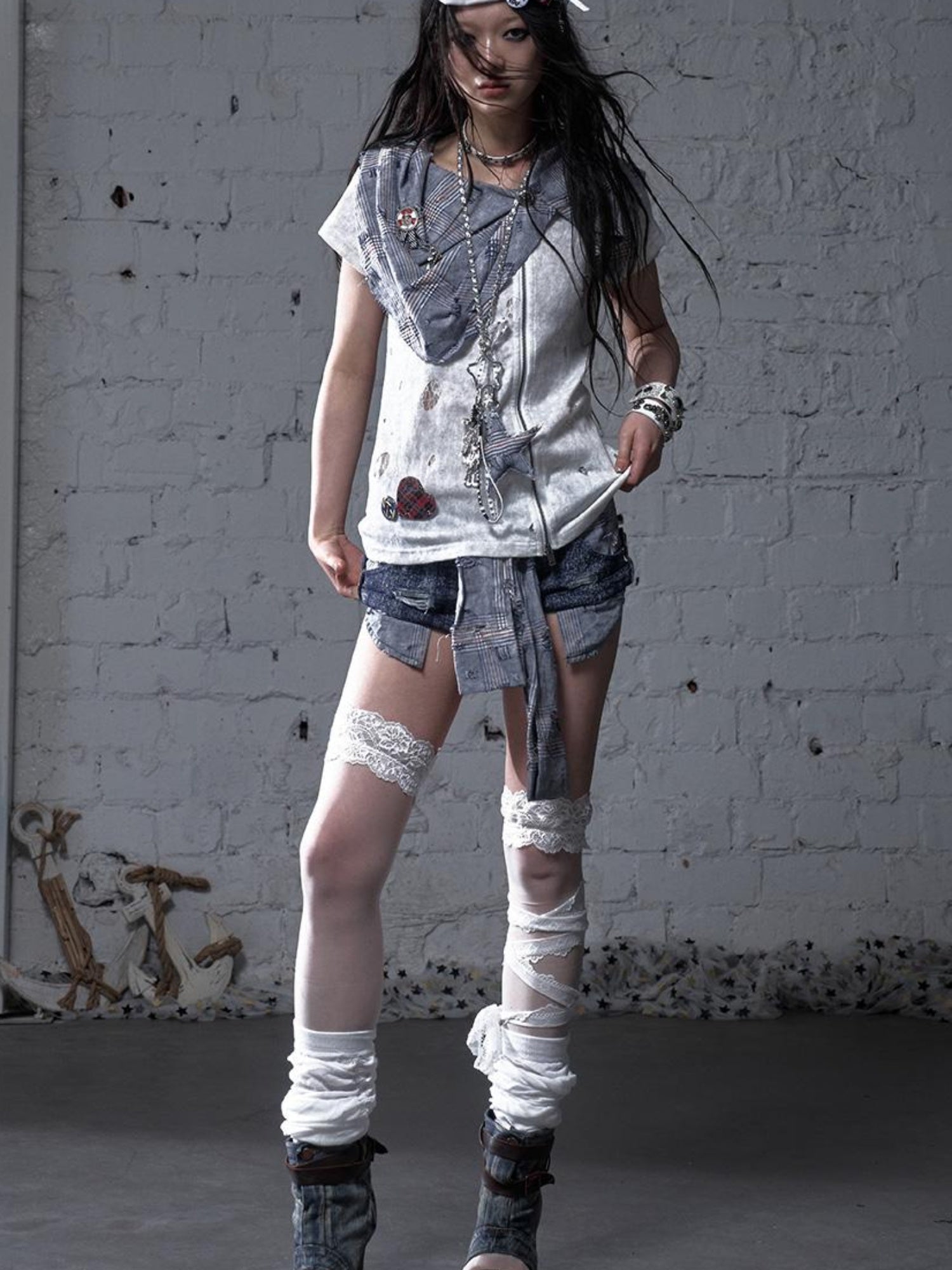 NO ROMANCE Vintage Punk Plaid Patchwork Neckline Distressed T-Shirt