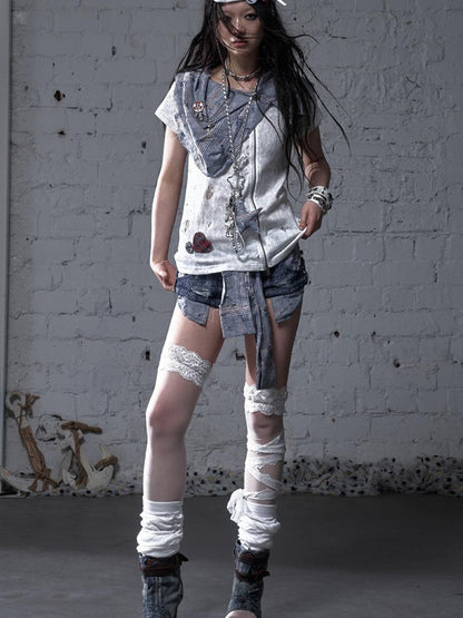 NO ROMANCE Vintage Punk Plaid Patchwork Neckline Distressed T-Shirt