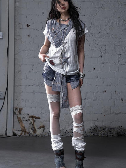 NO ROMANCE Vintage Punk Plaid Patchwork Neckline Distressed T-Shirt