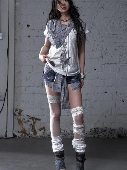 Vintage Punk Plaid Patchwork Neckline Distressed T-Shirt