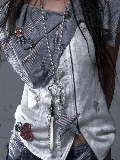 Vintage Punk Plaid Patchwork Neckline Distressed T-Shirt
