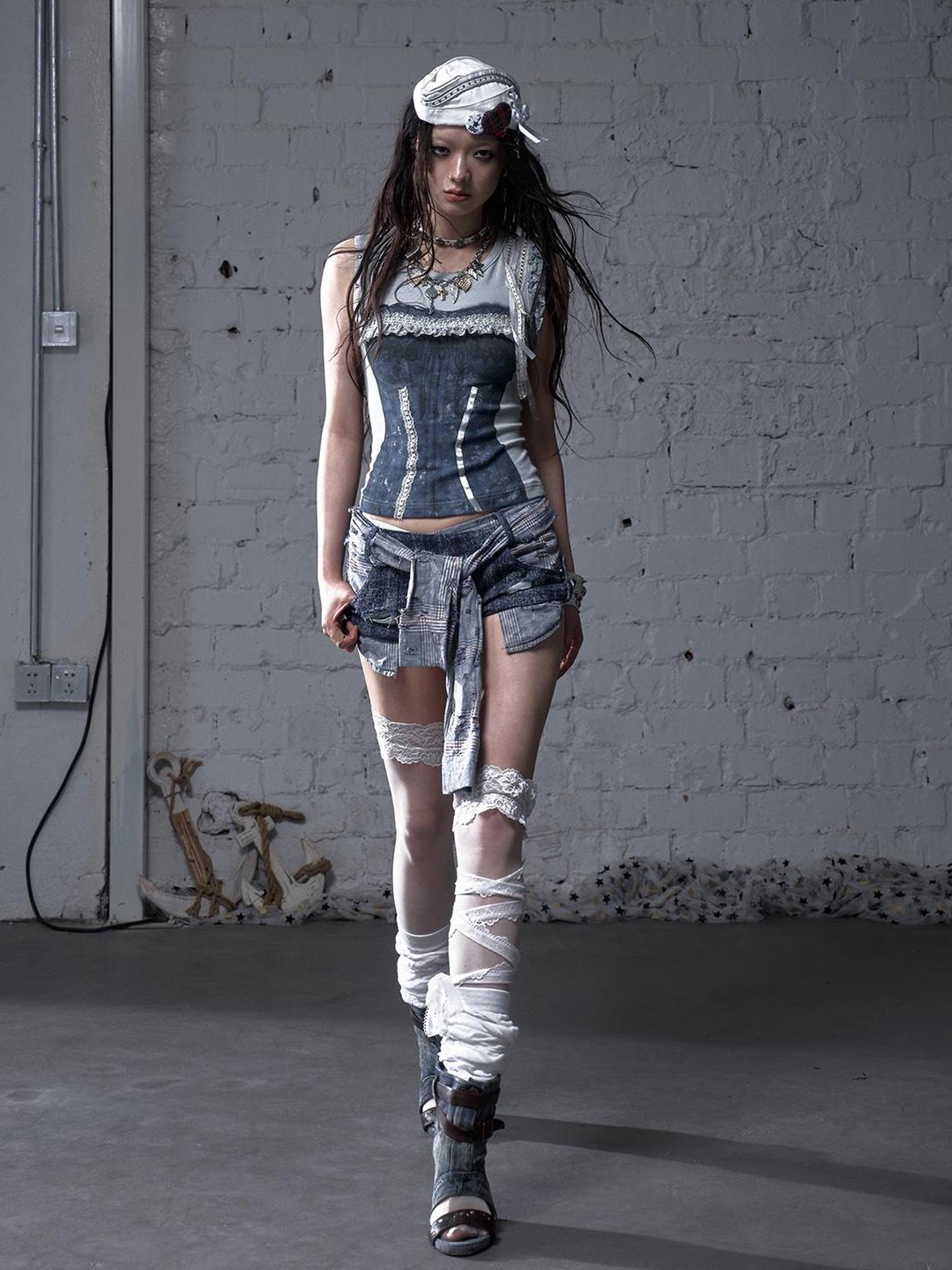 NO ROMANCE Vintage Punk Plaid Patchwork Neckline Distressed T-Shirt