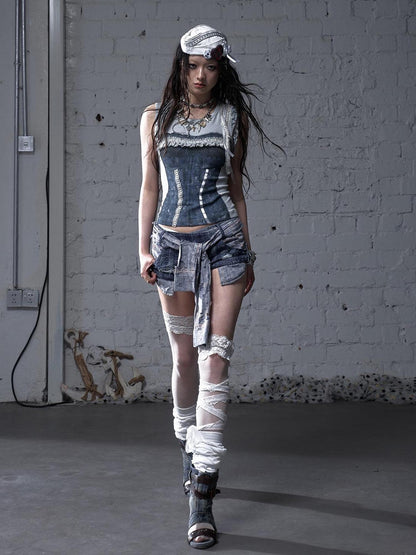 NO ROMANCE Vintage Punk Plaid Patchwork Neckline Distressed T-Shirt