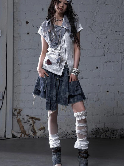 Vintage Punk Plaid Patchwork Neckline Distressed T-Shirt