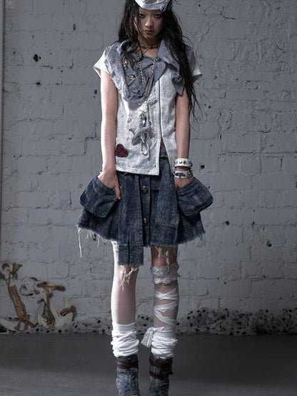 NO ROMANCE Vintage Punk Plaid Patchwork Neckline Distressed T-Shirt