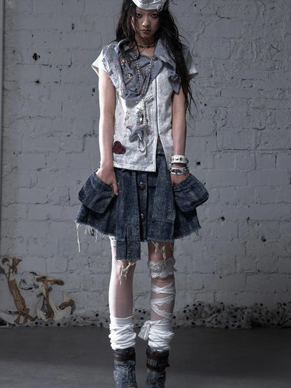 Vintage Punk Plaid Patchwork Neckline Distressed T-Shirt
