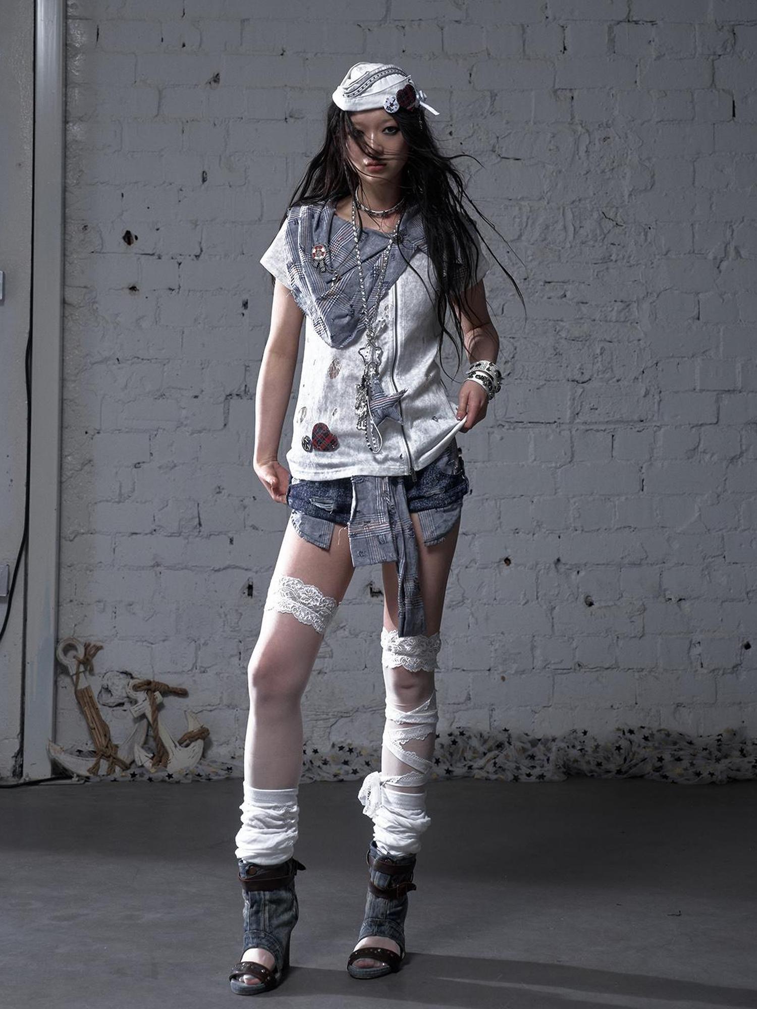 NO ROMANCE Vintage Punk Plaid Patchwork Neckline Distressed T-Shirt