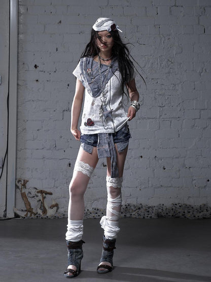 NO ROMANCE Vintage Punk Plaid Patchwork Neckline Distressed T-Shirt