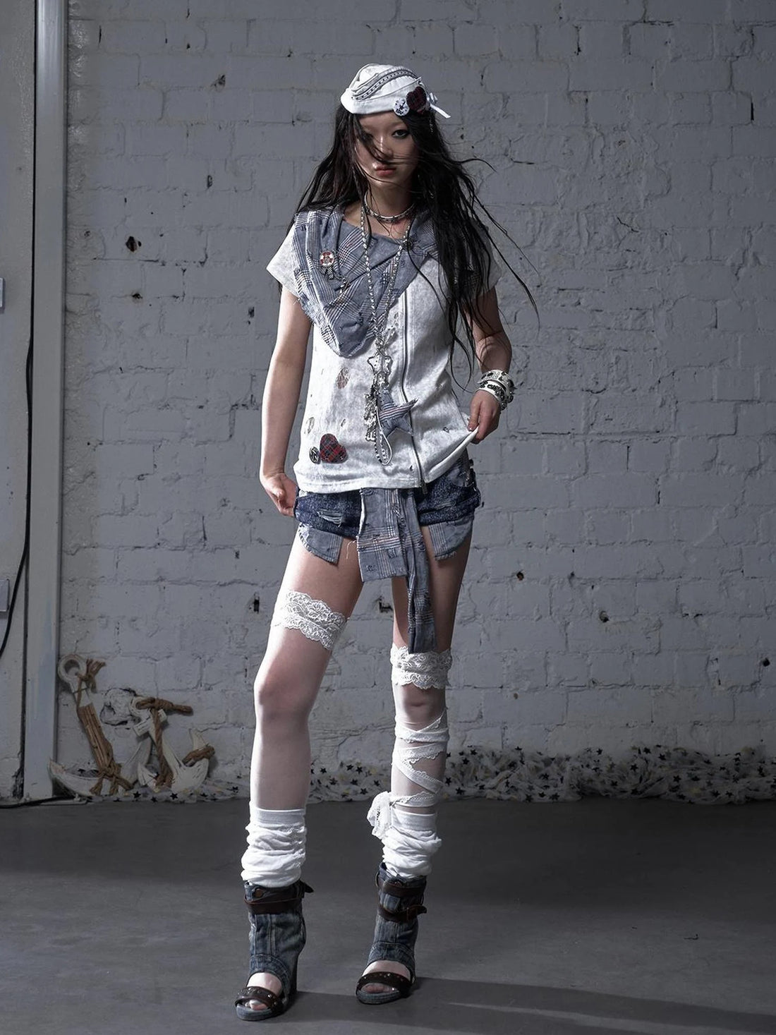Vintage Punk Plaid Patchwork Neckline Distressed T-Shirt