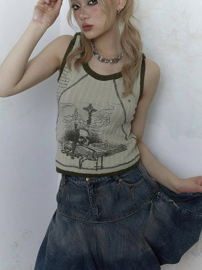 Vintage Punk Print Knit Vest Top