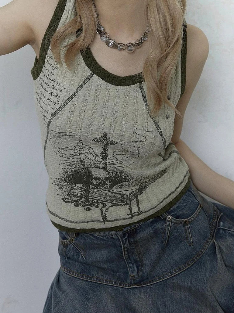 Vintage Punk Print Knit Vest Top