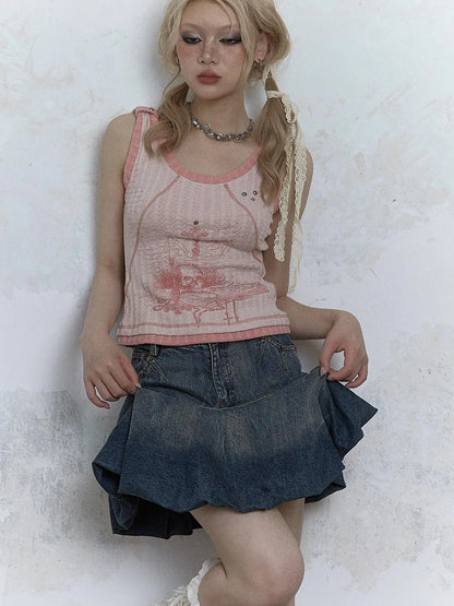 Vintage Punk Print Knit Vest Top