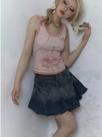 Vintage Punk Print Knit Vest Top