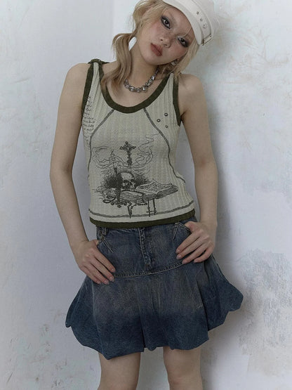 Vintage Punk Print Knit Vest Top