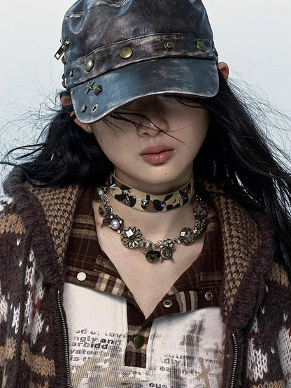 Vintage Punk Rivet Distressed Leather Flat Cap Hats