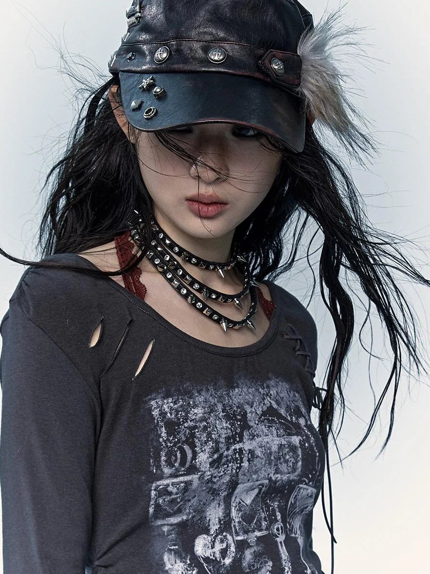 Vintage Punk Rivet Distressed Leather Flat Cap Hats