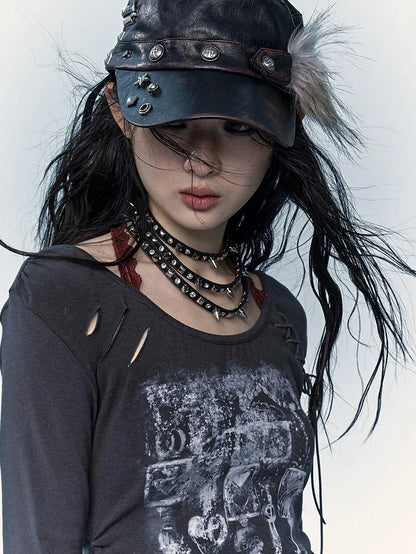Vintage Punk Rivet Distressed Leather Flat Cap Hats