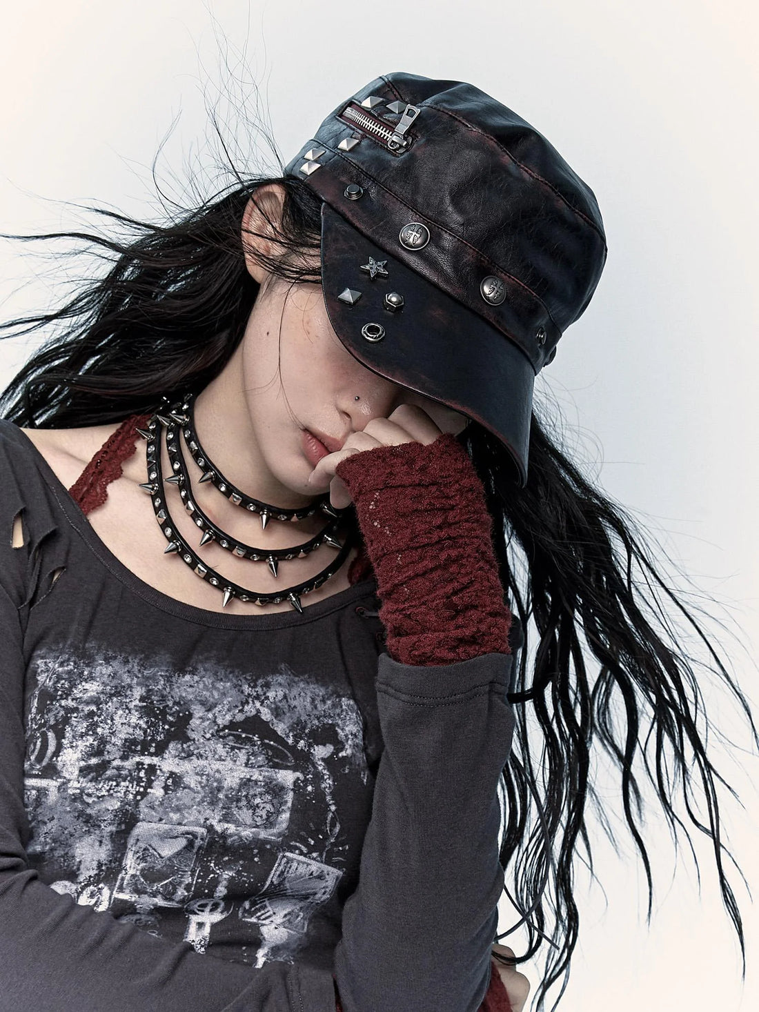 Vintage Punk Rivet Distressed Leather Flat Cap Hats