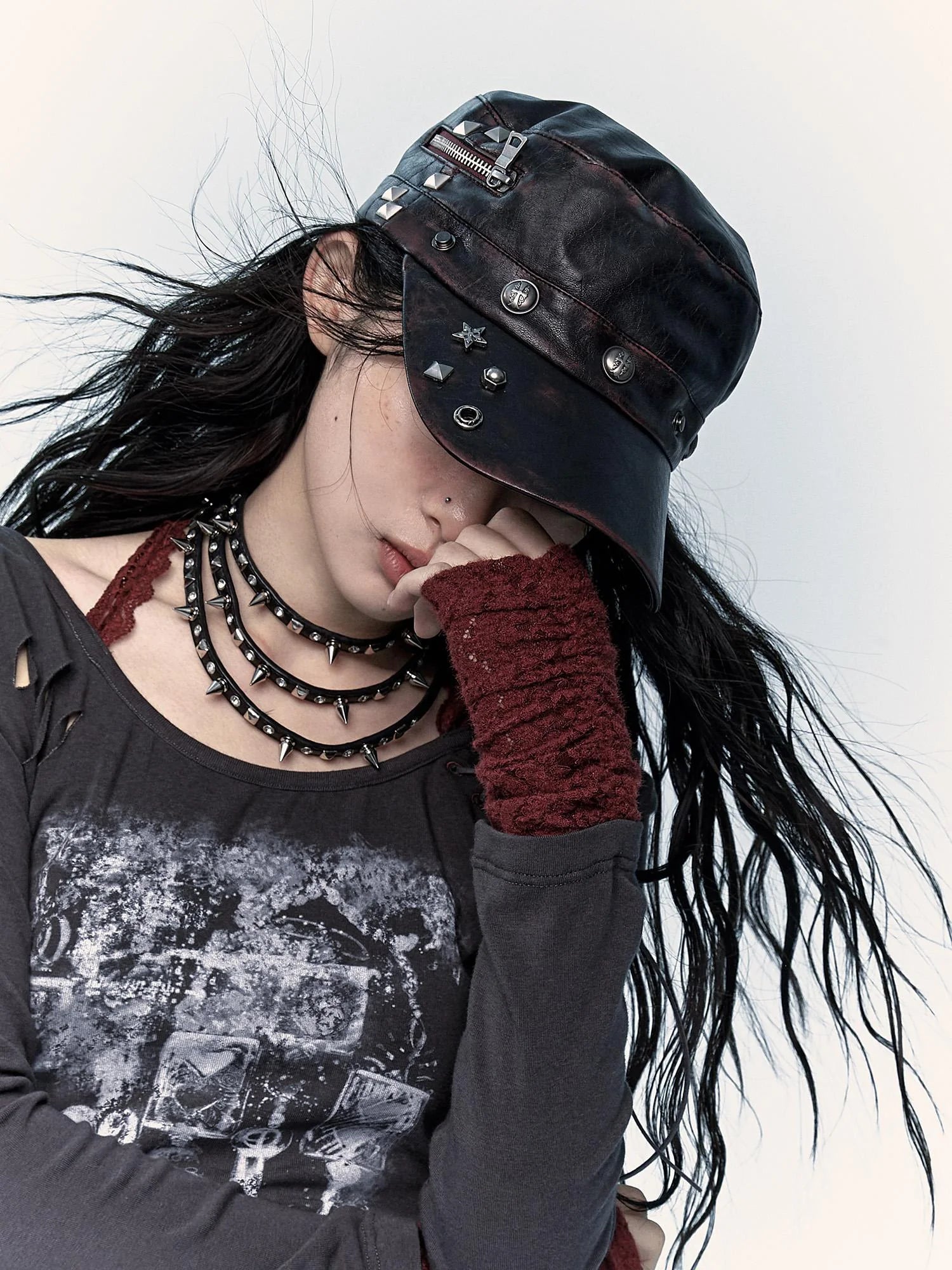 Vintage Punk Rivet Distressed Leather Flat Cap Hats