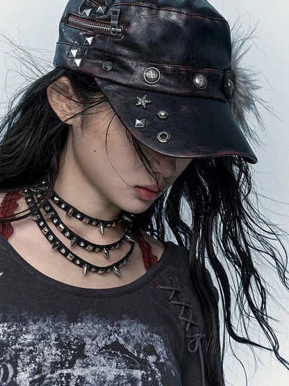 Vintage Punk Rivet Distressed Leather Flat Cap Hats