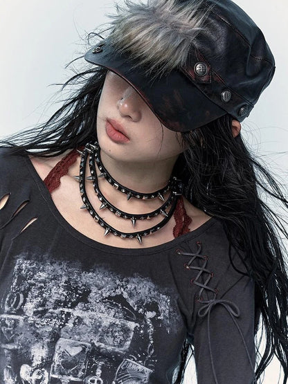 Vintage Punk Rivet Distressed Leather Flat Cap Hats