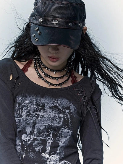 Vintage Punk Rivet Distressed Leather Flat Cap Hats