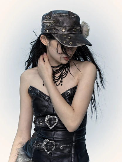 Vintage Punk Rivet Distressed Leather Flat Cap Hats