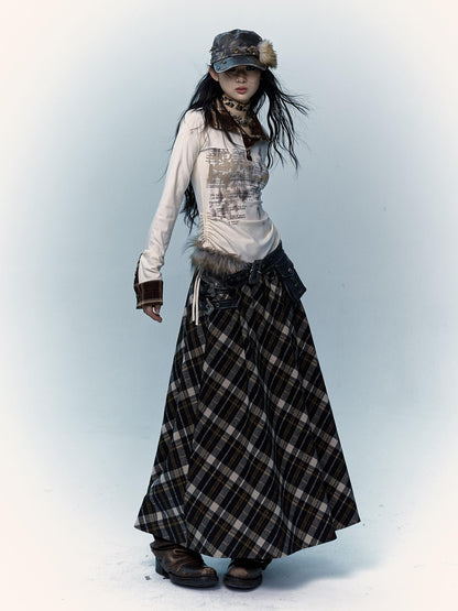 Vintage Punk Rock A-Line Patchwork Plaid Midi Skirt Dresses