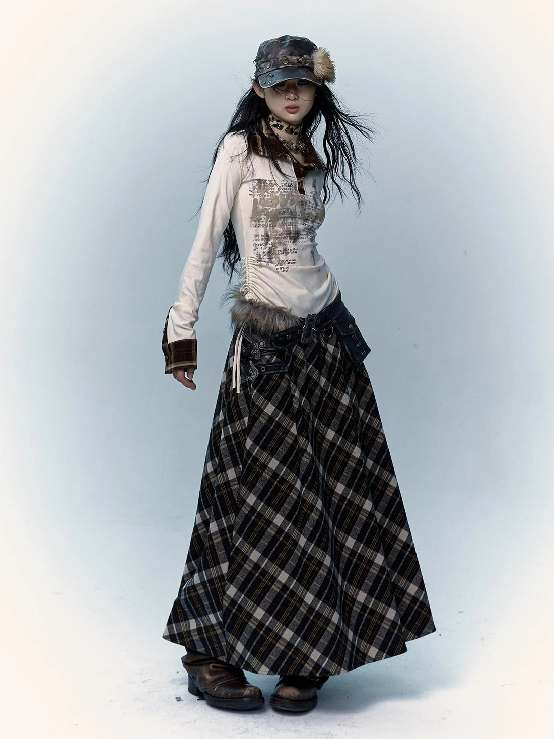 Vintage Punk Rock A-Line Patchwork Plaid Midi Skirt Dresses