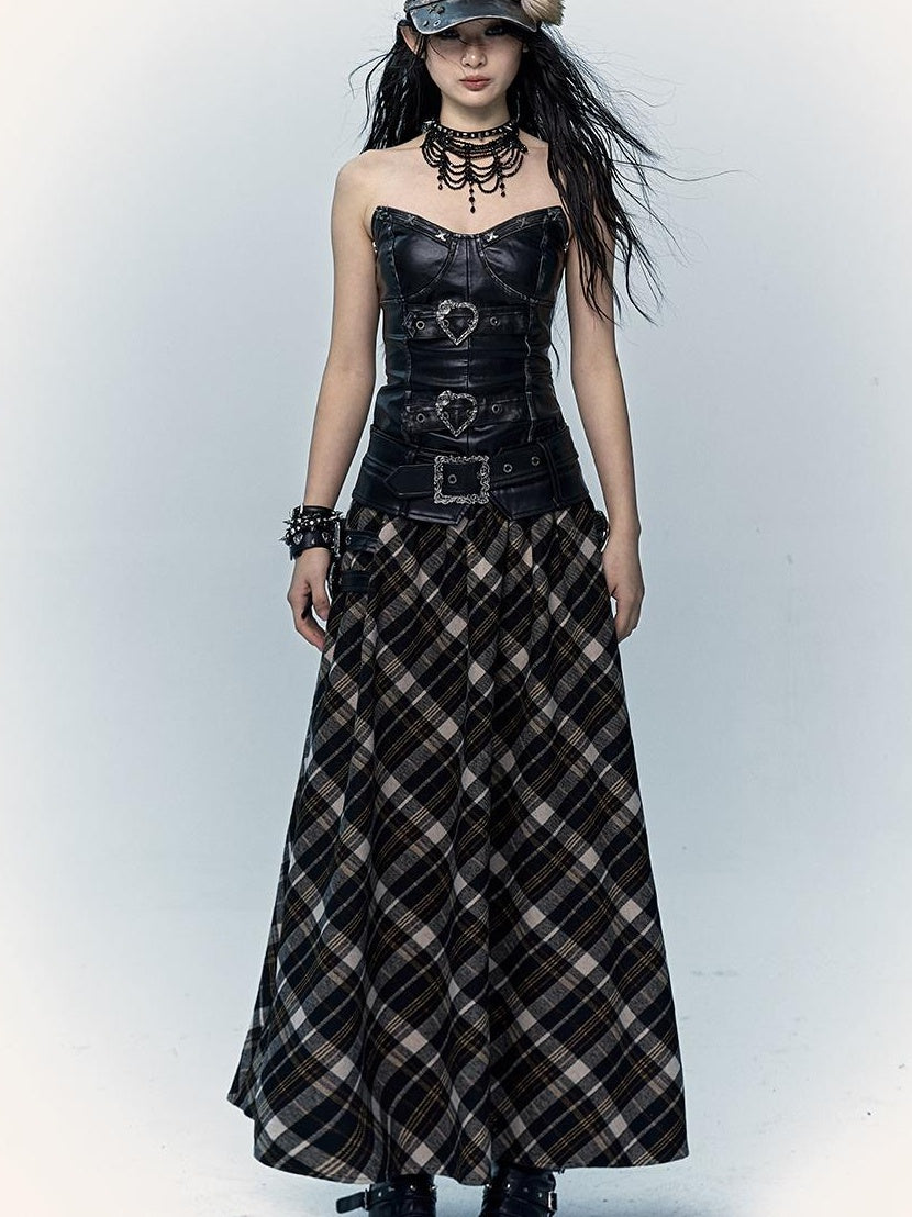 Vintage Punk Rock A-Line Patchwork Plaid Midi Skirt Dresses
