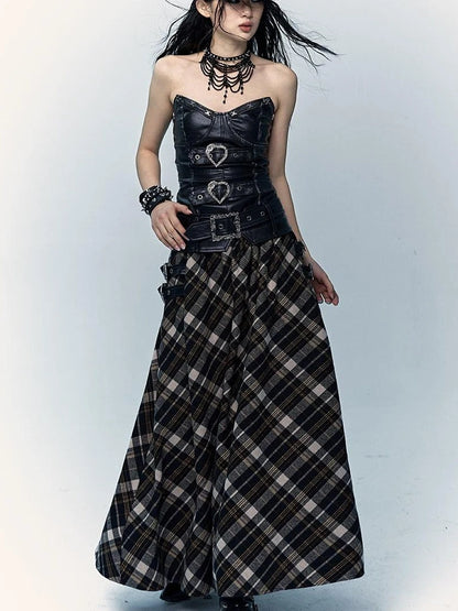 Vintage Punk Rock A-Line Patchwork Plaid Midi Skirt Dresses