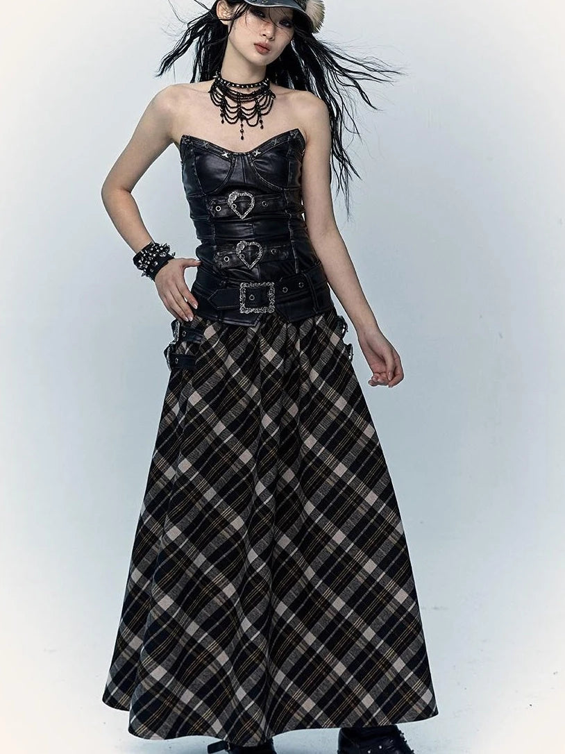 Vintage Punk Rock A-Line Patchwork Plaid Midi Skirt Dresses