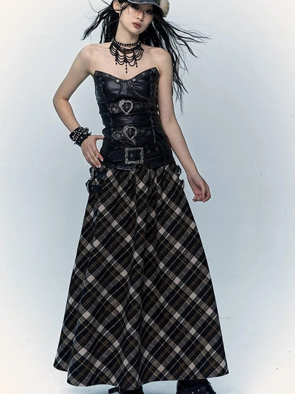 Vintage Punk Rock A-Line Patchwork Plaid Midi Skirt Dresses