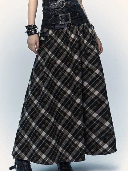 Vintage Punk Rock A-Line Patchwork Plaid Midi Skirt Dresses