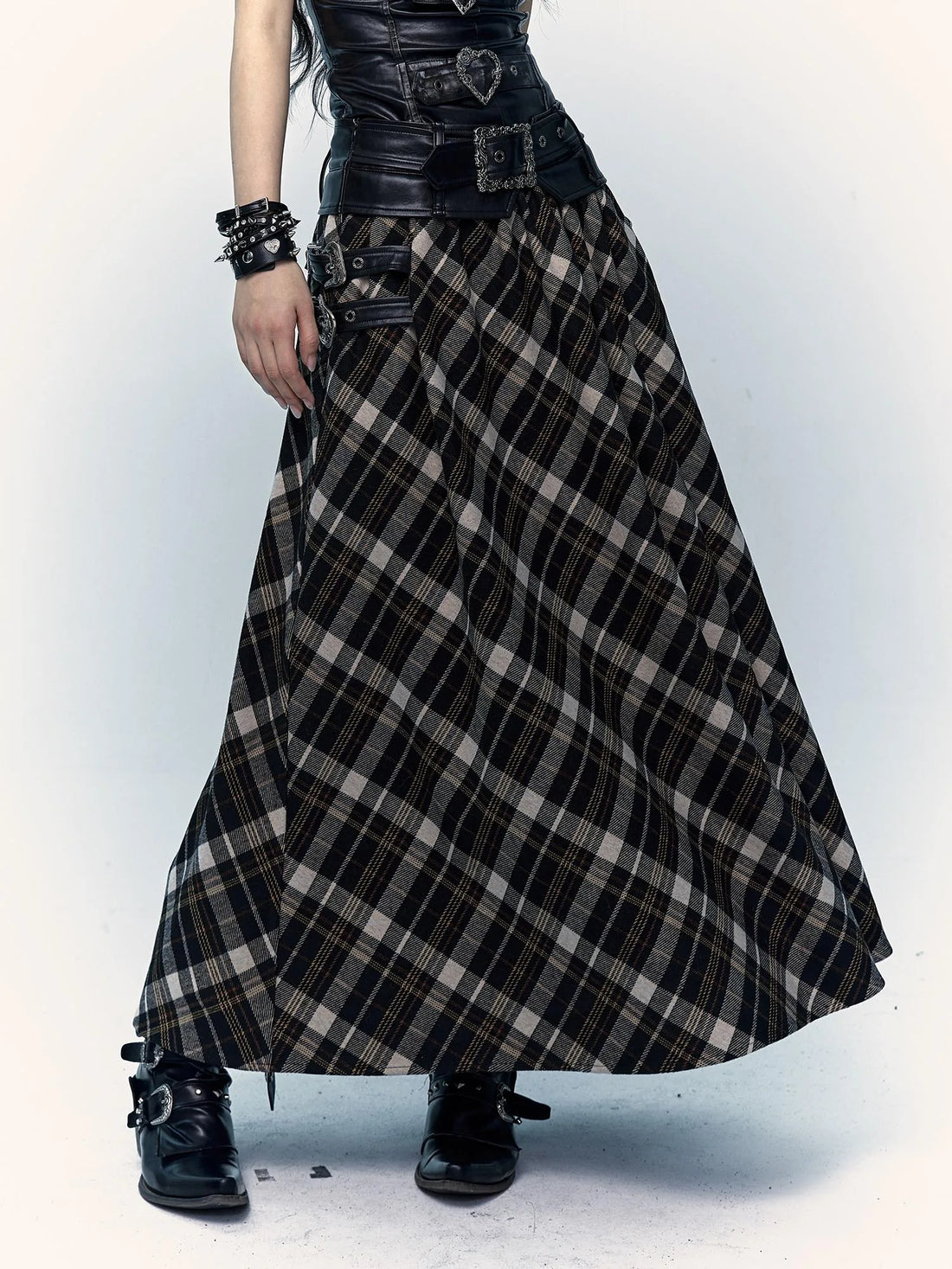 Vintage Punk Rock A-Line Patchwork Plaid Midi Skirt Dresses