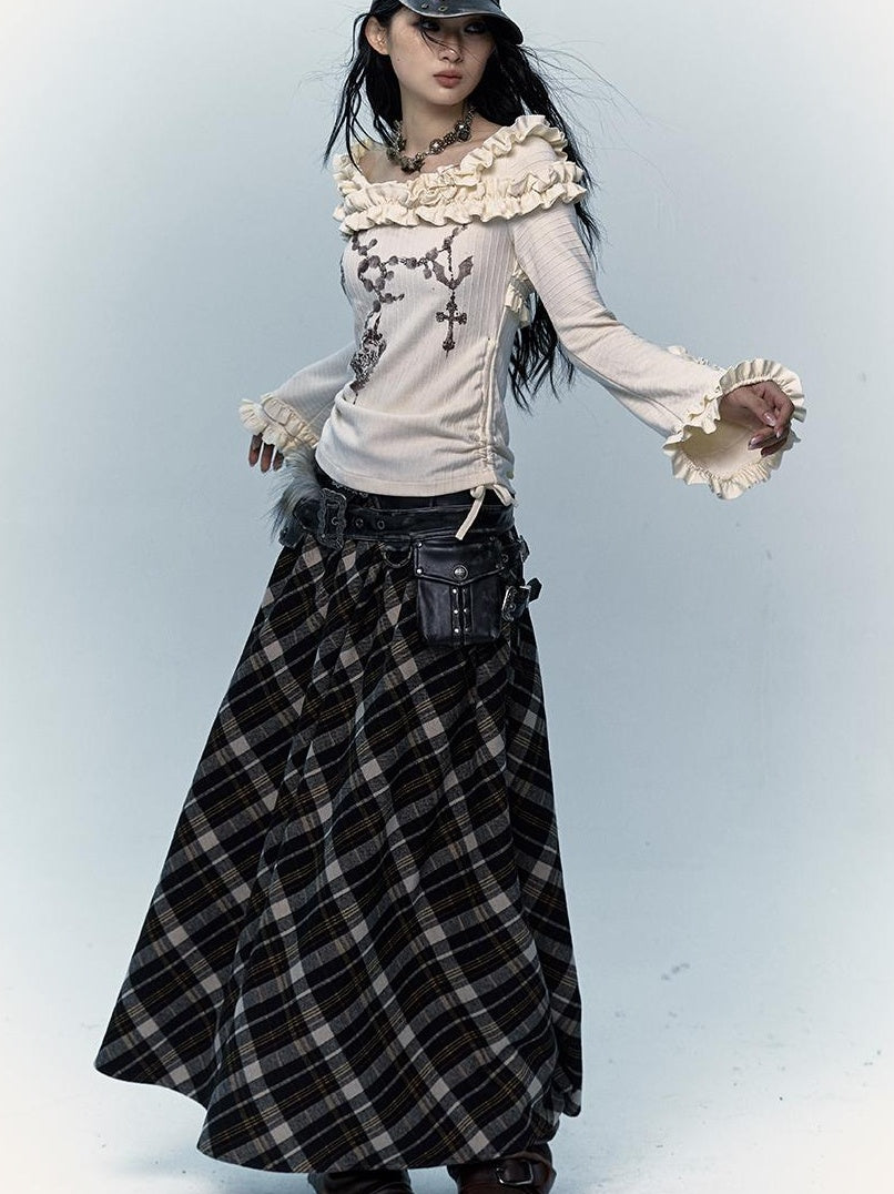 Vintage Punk Rock A-Line Patchwork Plaid Midi Skirt Dresses